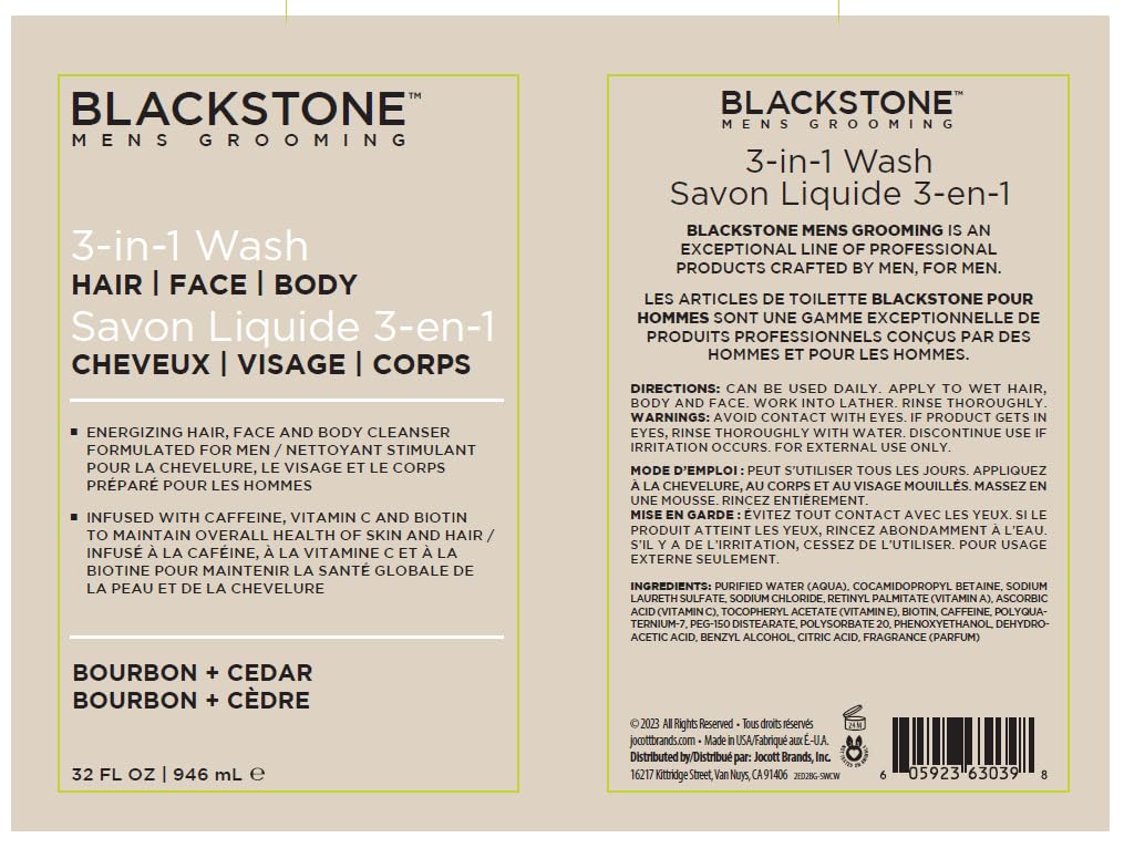 Blackstone bottle on shelf styled with grooming items showing space-saving benefit