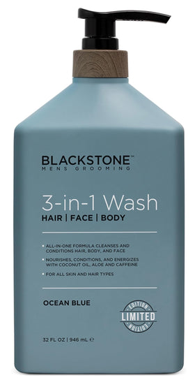 Blackstone front bottle Ocean Blue showing product and size benefit