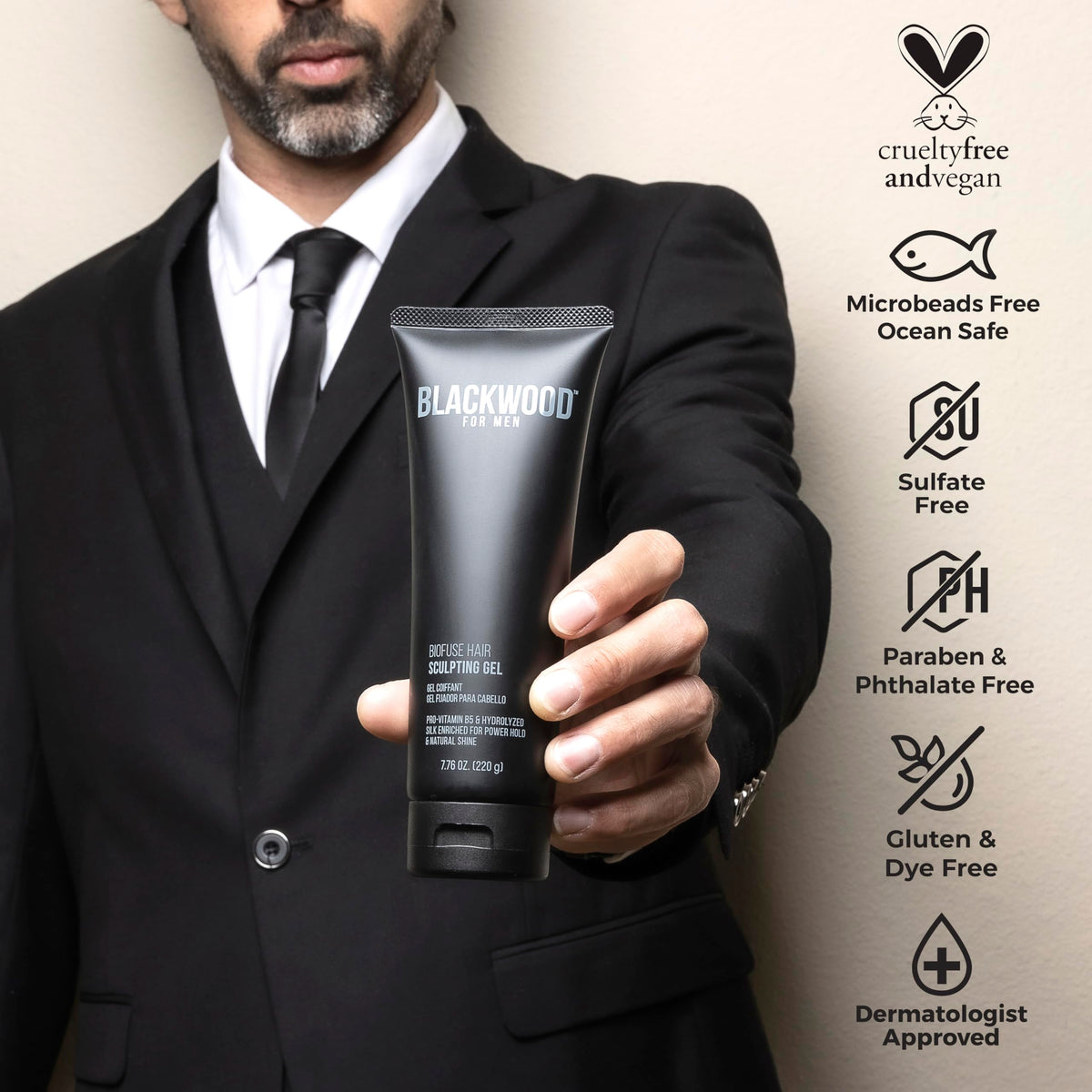 Blackwood For Men gel applied to hand demonstrating easy spreadability benefit