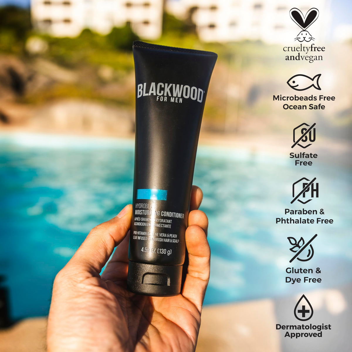 Blackwood For Men ingredient label highlighting peach leaf and hyaluronic acid for repair benefits