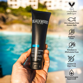 Blackwood For Men ingredient label highlighting peach leaf and hyaluronic acid for repair benefits