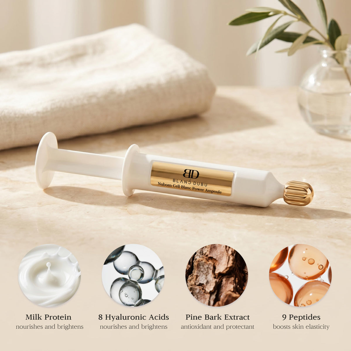 BLANC DUBU ampoule held in hand to show compact travel-friendly size