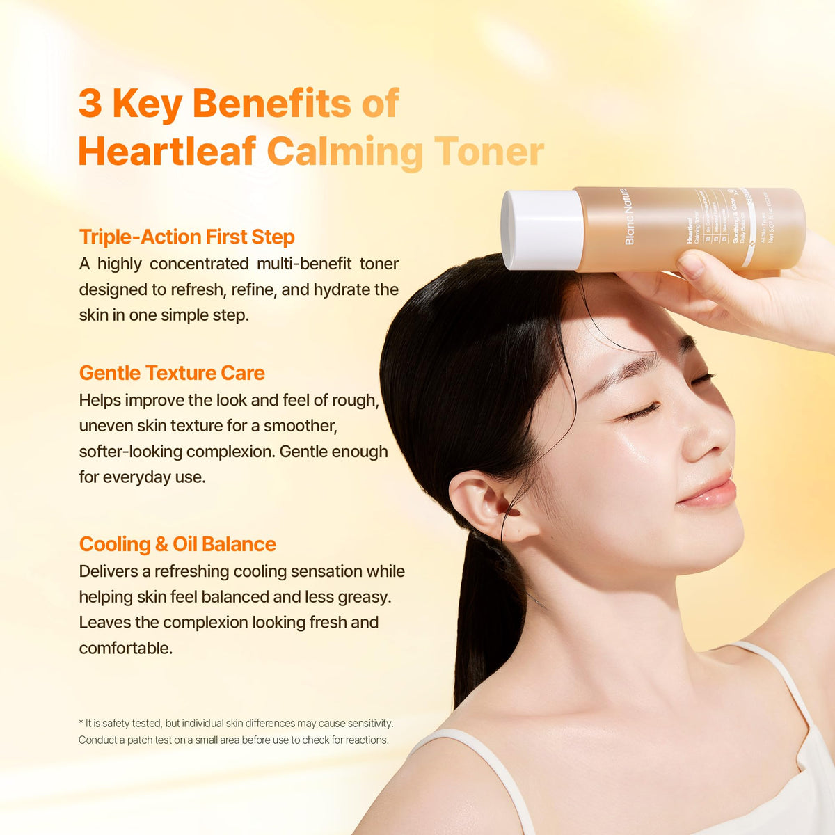 BLANC NATURE hand applying toner to skin showing gentle patting and quick absorption