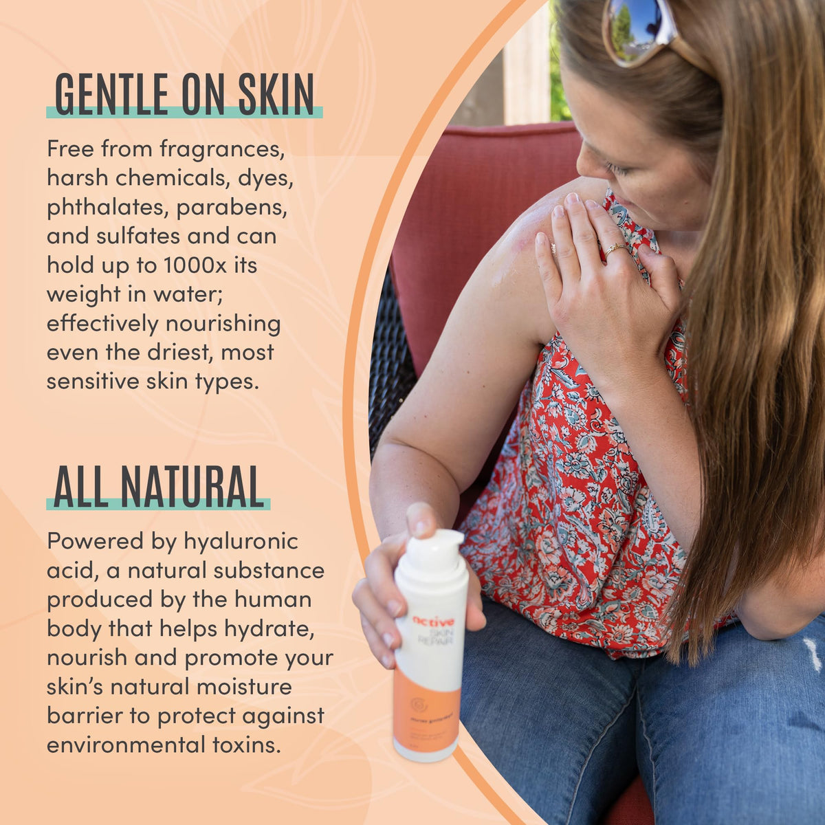 BLDG ACTIVE applying serum to elbow showing body hydration and non-greasy finish