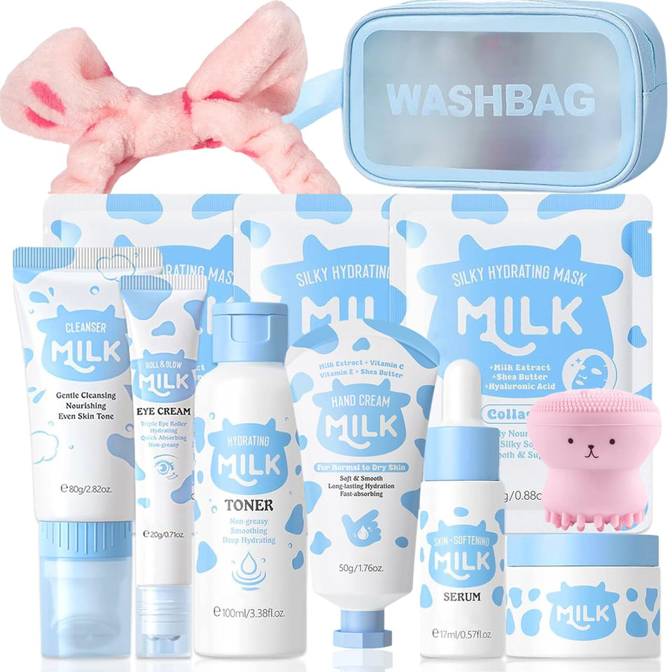 BliBling front packaging showing the 12-piece milk skin care set and gift-ready design