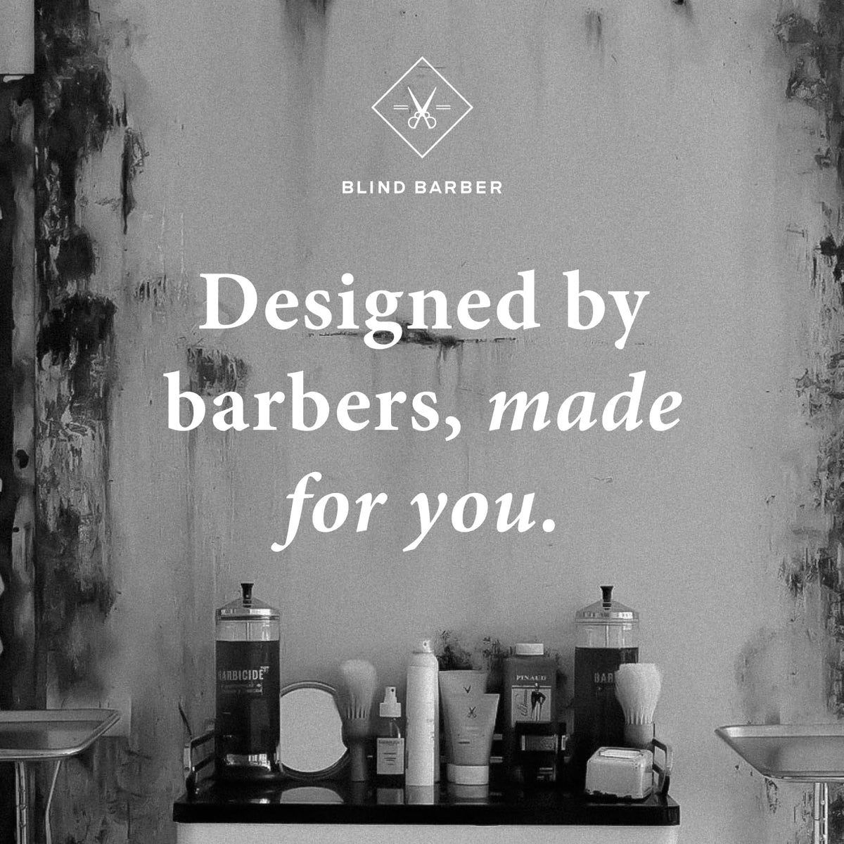 Blind Barber jar on bathroom shelf staged with grooming tools for effortless daily styling