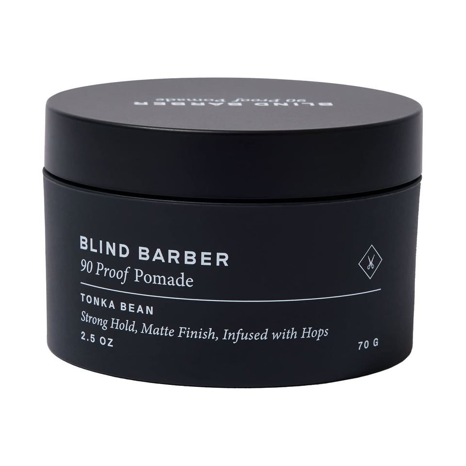 Blind Barber 90 Proof front jar showing branding and matte finish benefits