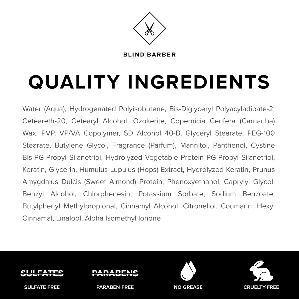 Blind Barber 90 Proof label close-up highlighting ingredients and water-based formula benefit