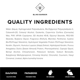 Blind Barber 90 Proof label close-up highlighting ingredients and water-based formula benefit