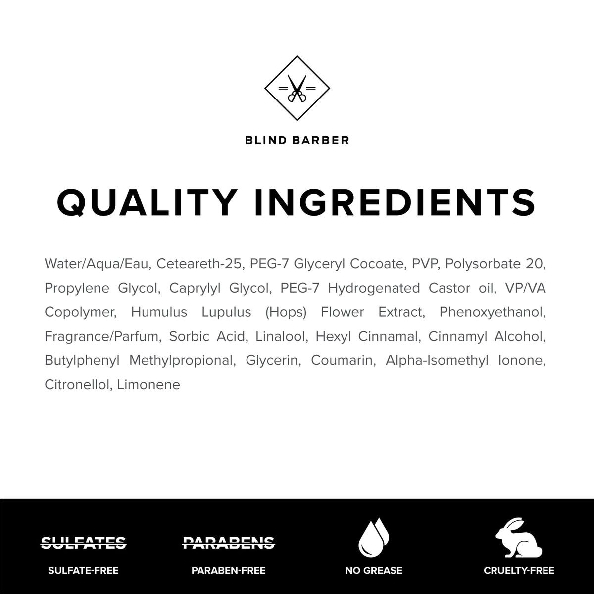 Blind Barber label close-up showing ingredients and clean formulation details