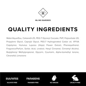 Blind Barber label close-up showing ingredients and clean formulation details