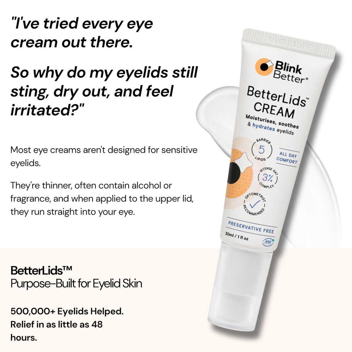 BlinkBetter application on eyelid illustrating gentle placement and quick absorption for relief