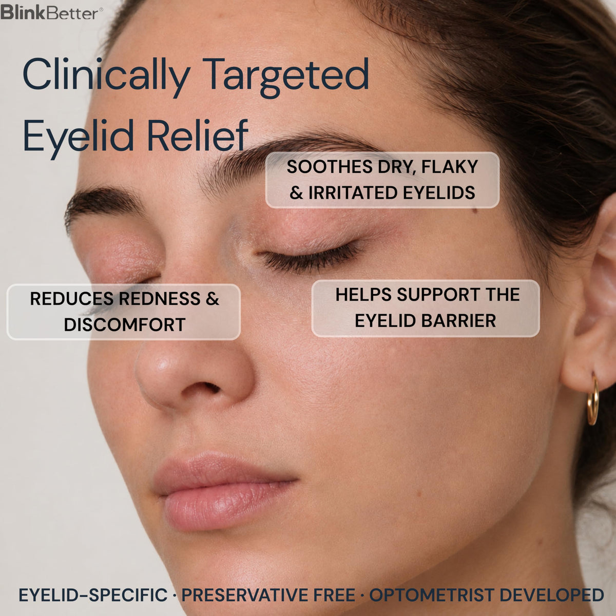 BlinkBetter oat and ceramide ingredients visual highlighting soothing and barrier-support benefits