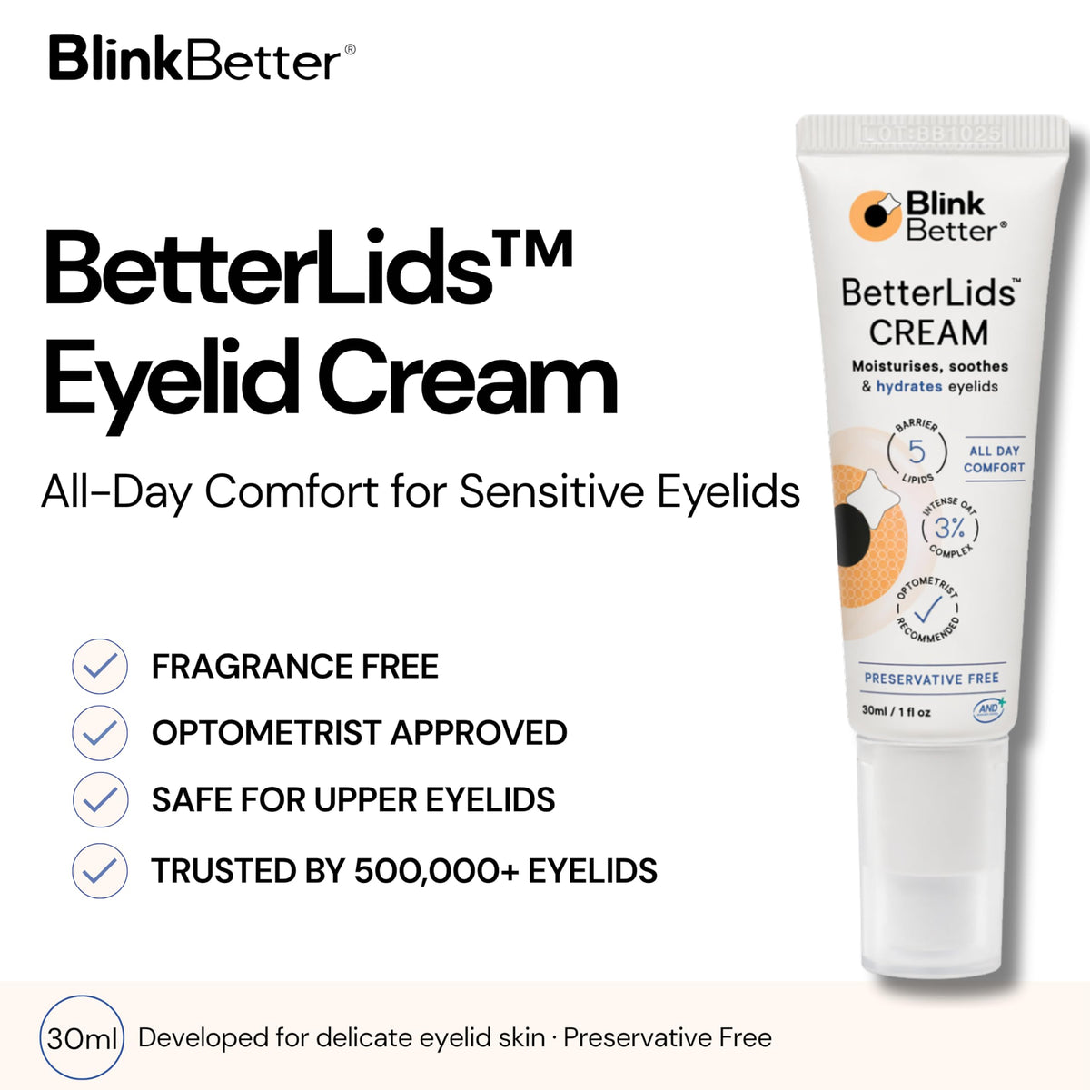BlinkBetter cream texture close-up demonstrating fast-absorbing, non-greasy finish for comfortable wear