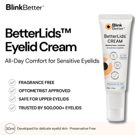 BlinkBetter cream texture close-up demonstrating fast-absorbing, non-greasy finish for comfortable wear