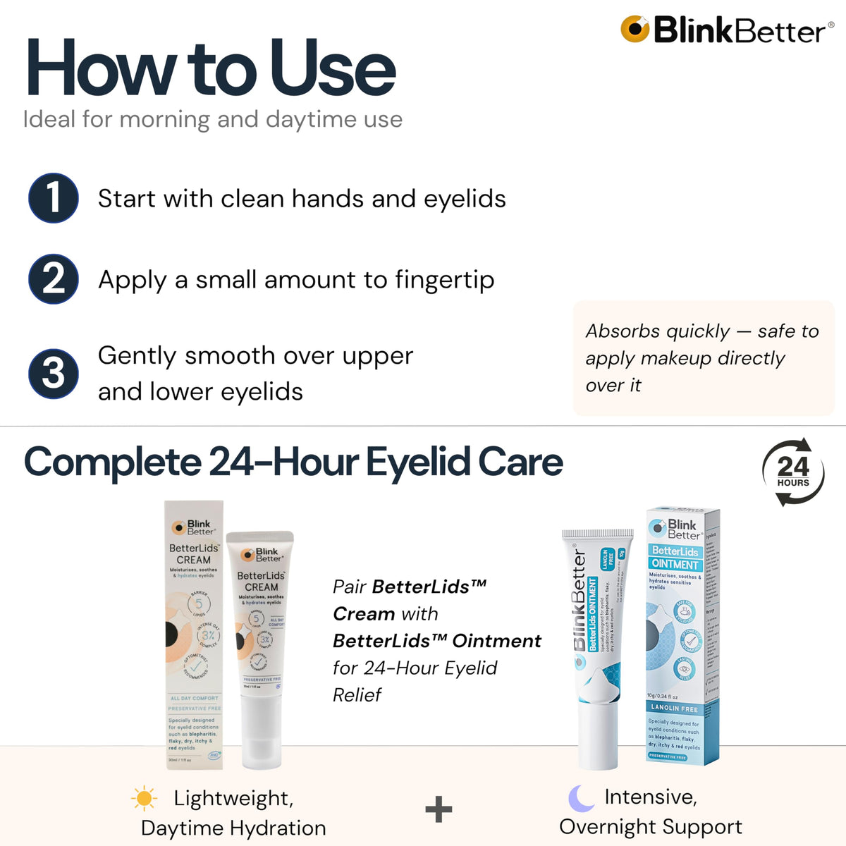 BlinkBetter layered under eye makeup to show compatibility and non-pilling wear all day