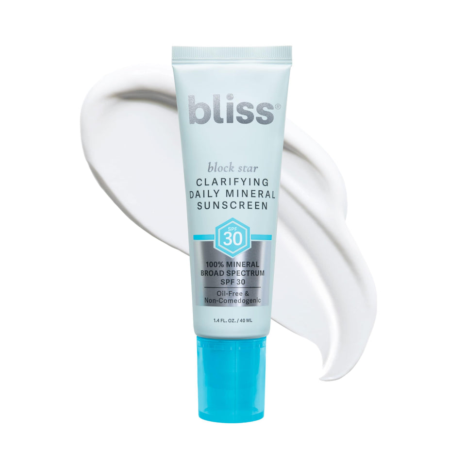 Bliss front packaging showing SPF 30 and clarifying claims for protection