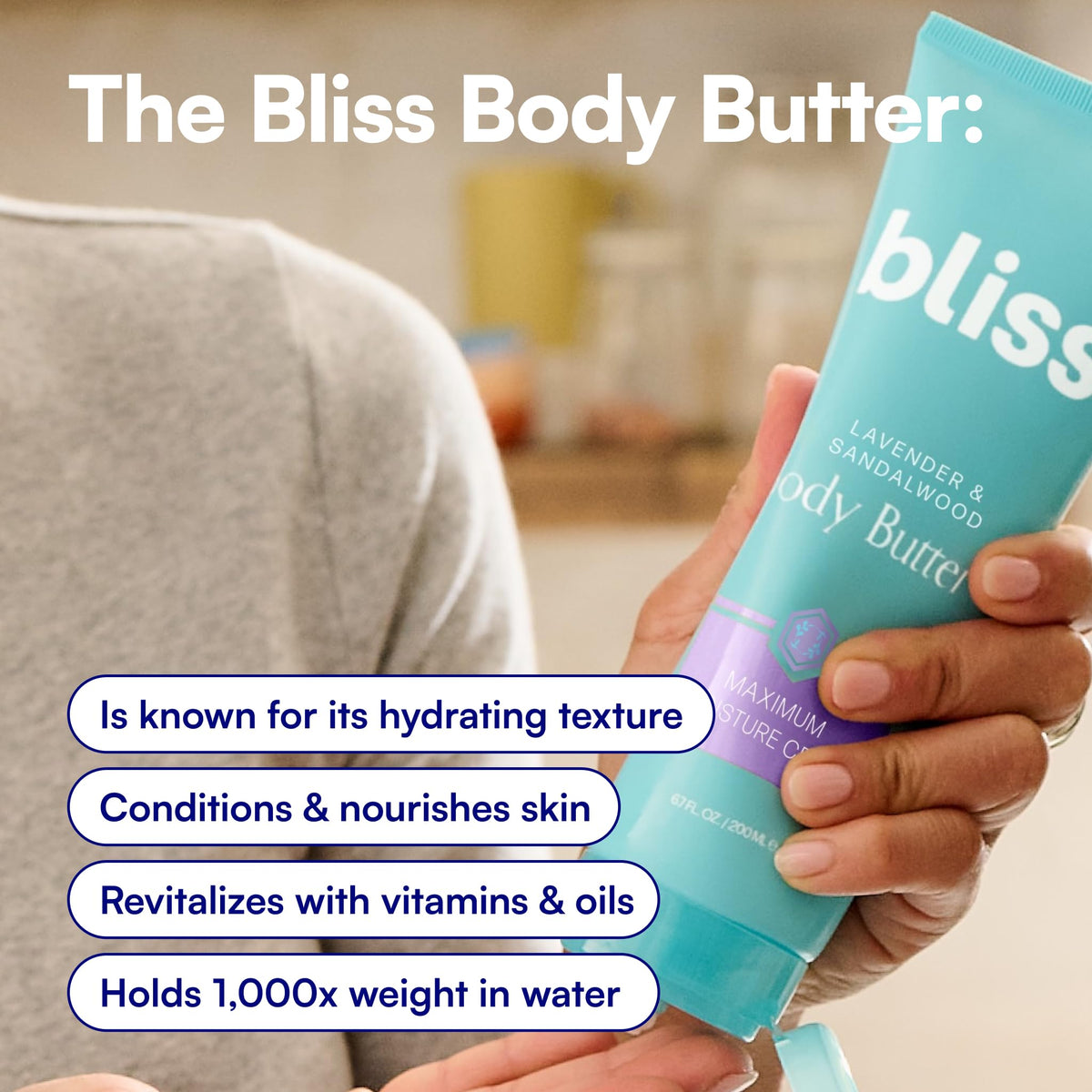 Label close-up of Bliss body butter showing Lavender & Sandalwood scent and vegan benefits