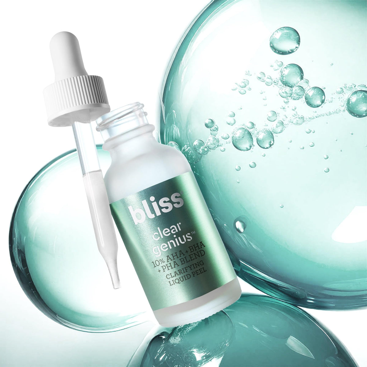 Bliss bottle next to ingredient callouts promoting triple-action acids