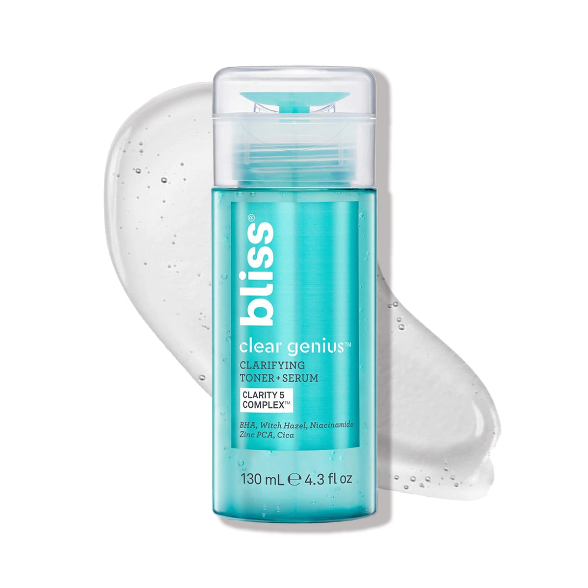 bliss bottle front packaging showing 2-in-1 toner serum benefits