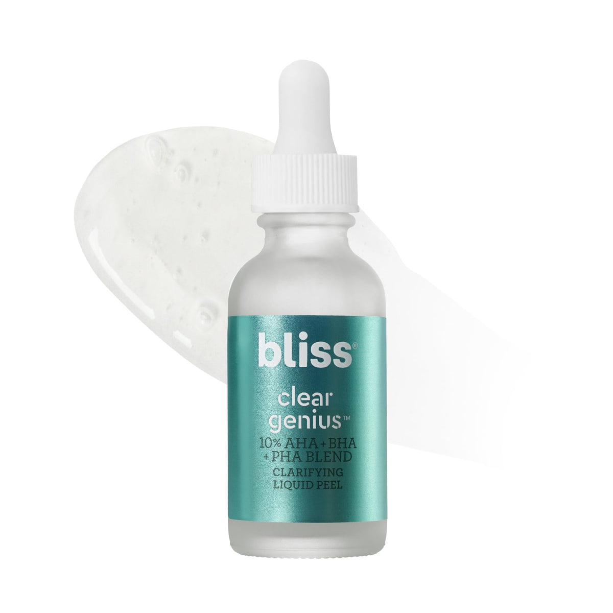 Bliss bottle front packaging showing product and benefit of clarified skin