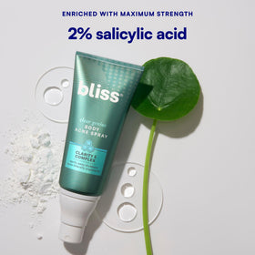 Bliss bottle on bathroom shelf in lifestyle setting suggesting routine use