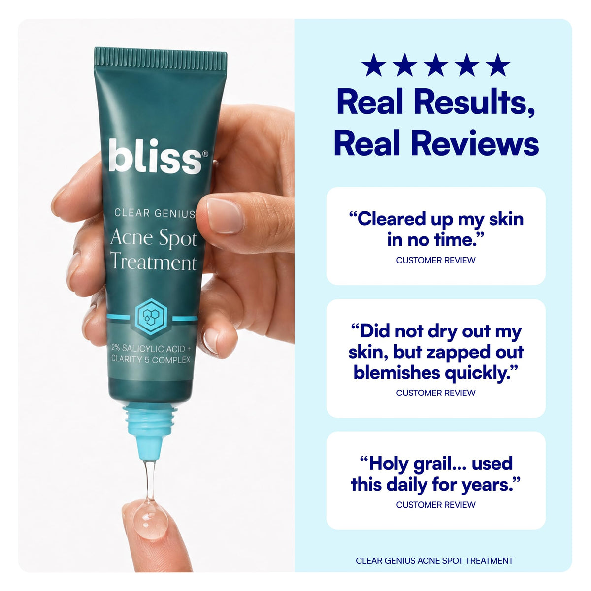 Bliss being applied to a single blemish on jawline, targeted spot control benefit