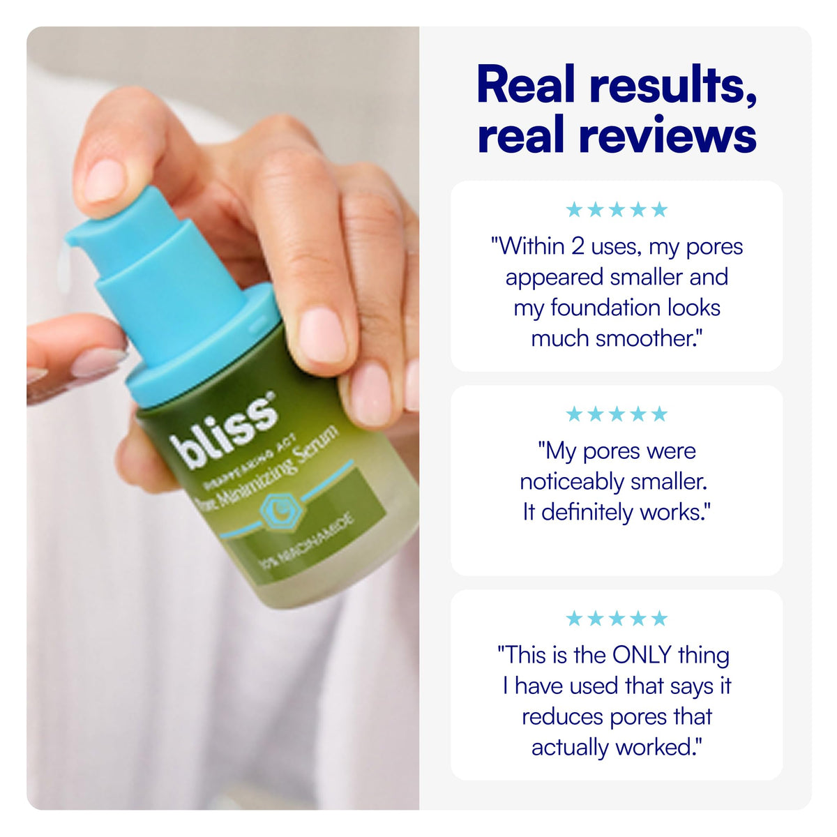 Bliss bottle beside mirror suggesting morning routine convenience