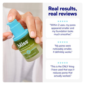 Bliss bottle beside mirror suggesting morning routine convenience