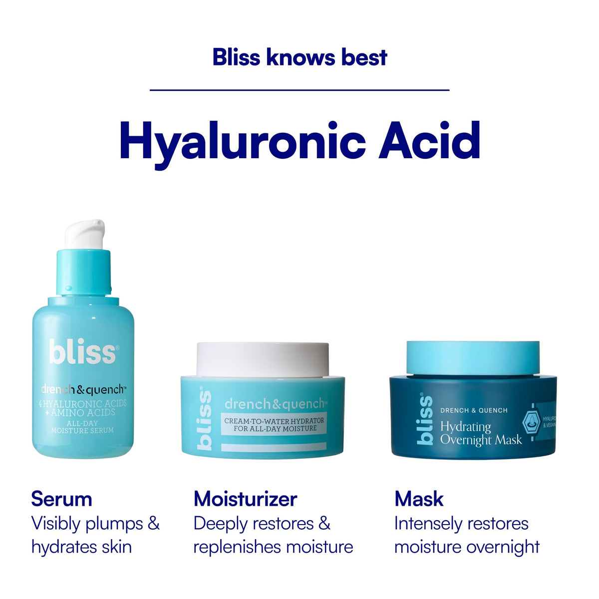 Bliss ingredients list close-up showing hyaluronic complex transparency benefit