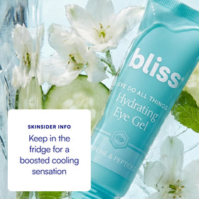 Bliss eye gel on bathroom vanity set for an energized morning routine