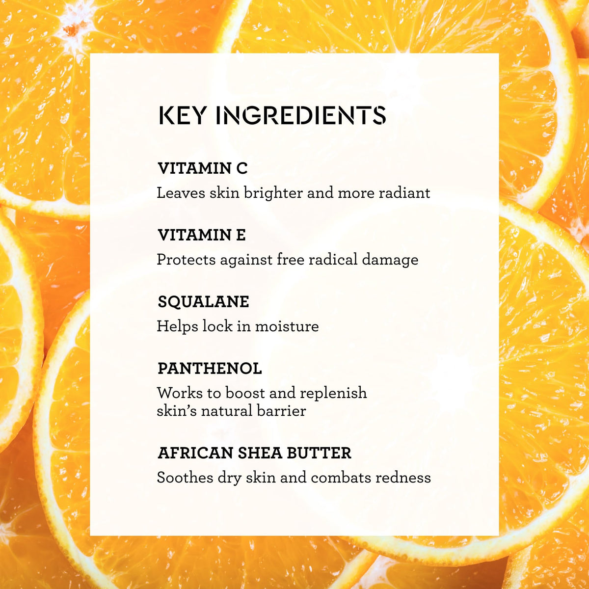 Bliss ingredients flatlay with Vitamin C and shea butter for nourishment