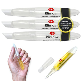 Bliss Kiss front packaging showing three refillable cuticle oil pens and benefits