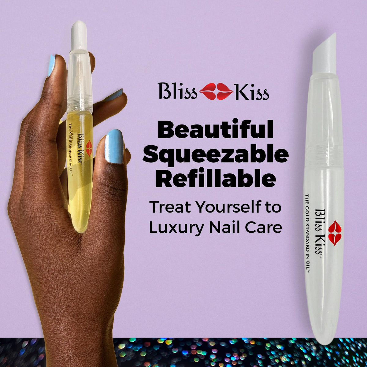 Bliss Kiss pen applying oil to a manicure showing targeted hydration benefits