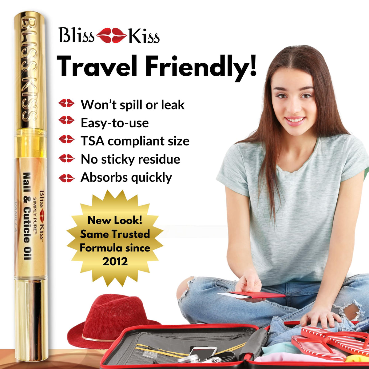 Bliss Kiss ingredient display with jojoba oil and vitamin E emphasizing clean formula