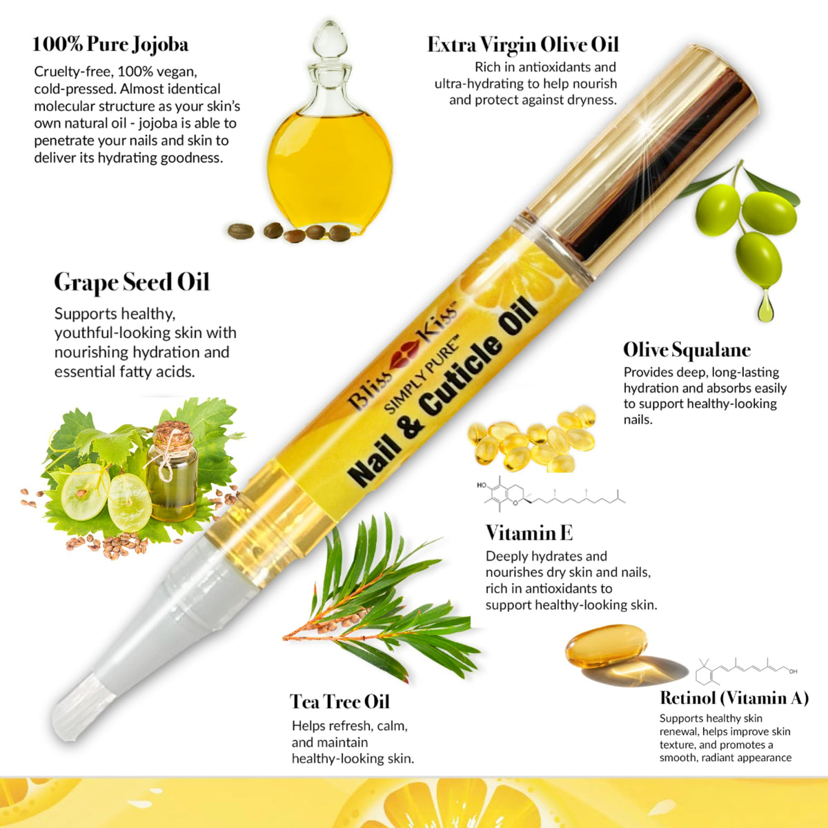 Bliss Kiss ingredients label highlighting jojoba oil and vitamin E benefits