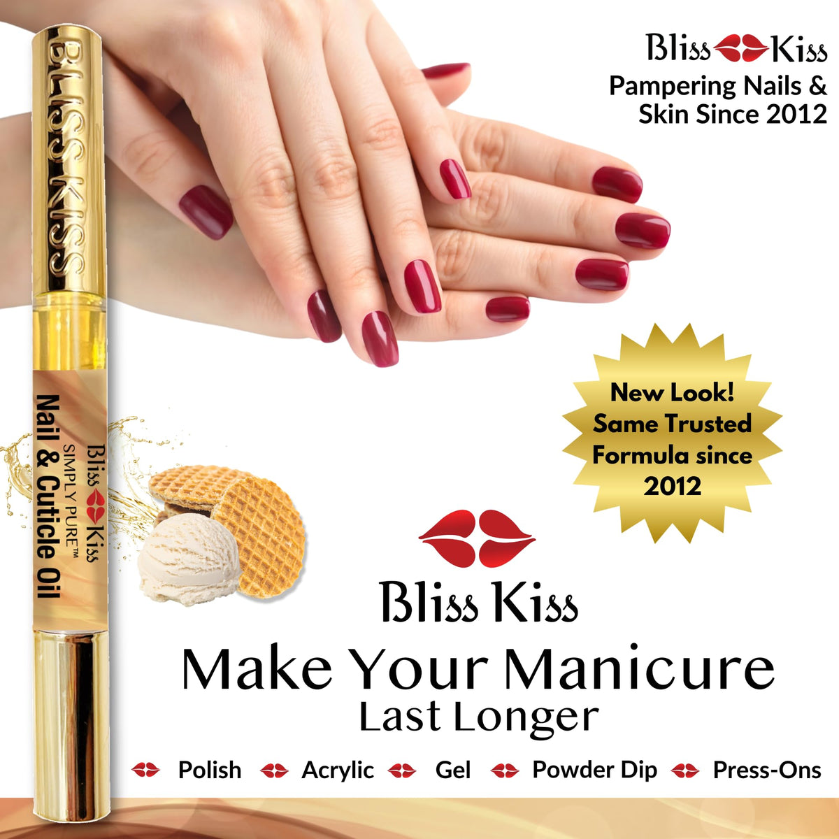 Bliss Kiss pen in hand applying oil to cuticle for immediate hydration benefit