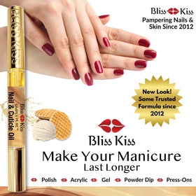 Bliss Kiss pen in hand applying oil to cuticle for immediate hydration benefit