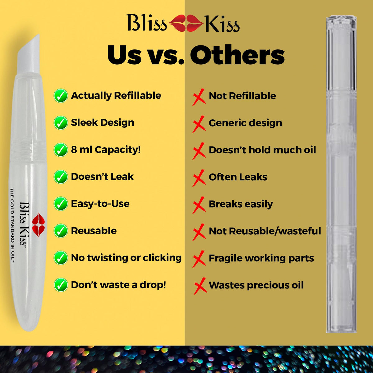 Bliss Kiss integrated pusher tool visible on cap for gentle cuticle maintenance
