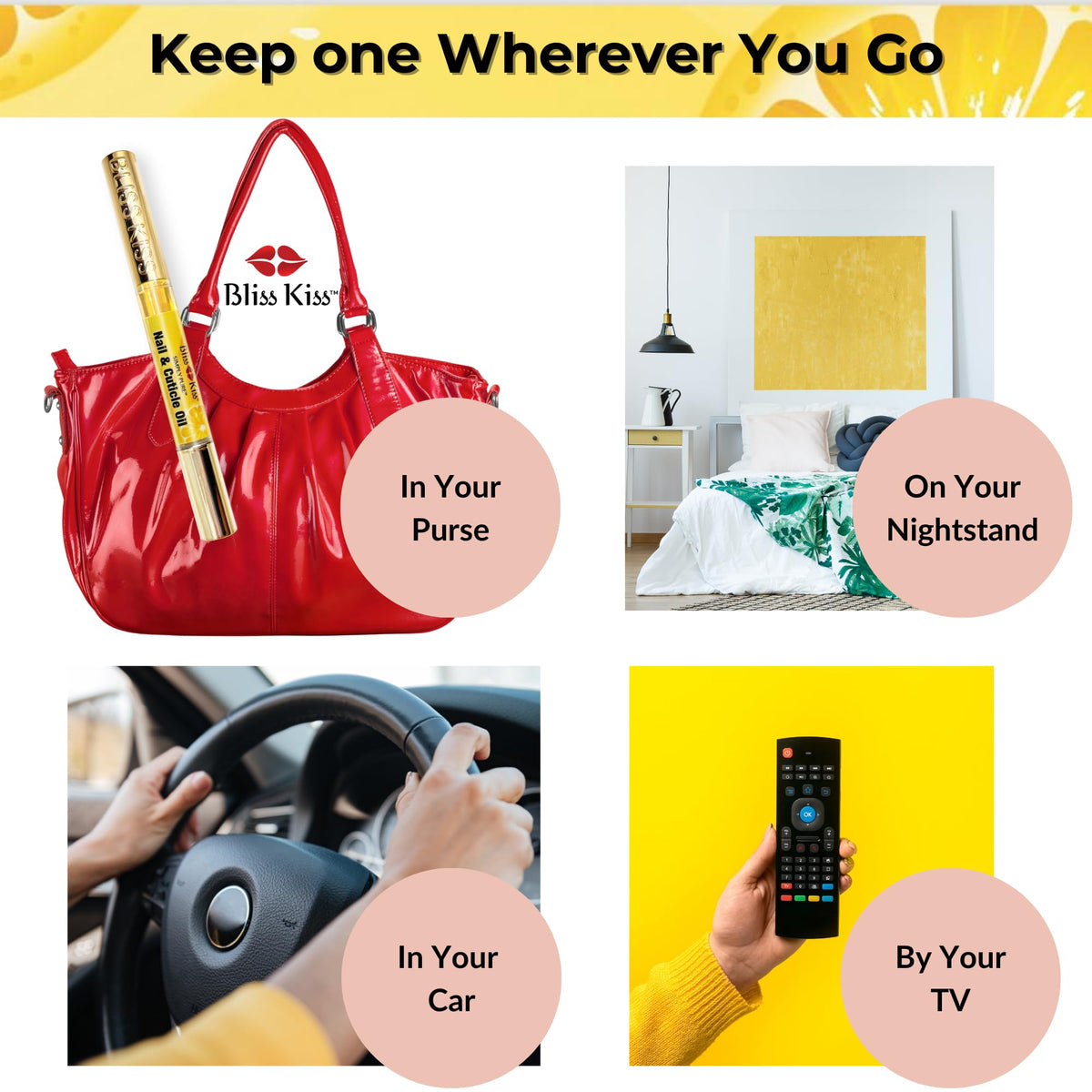 Bliss Kiss pen next to purse showing travel-friendly, pocket-sized convenience