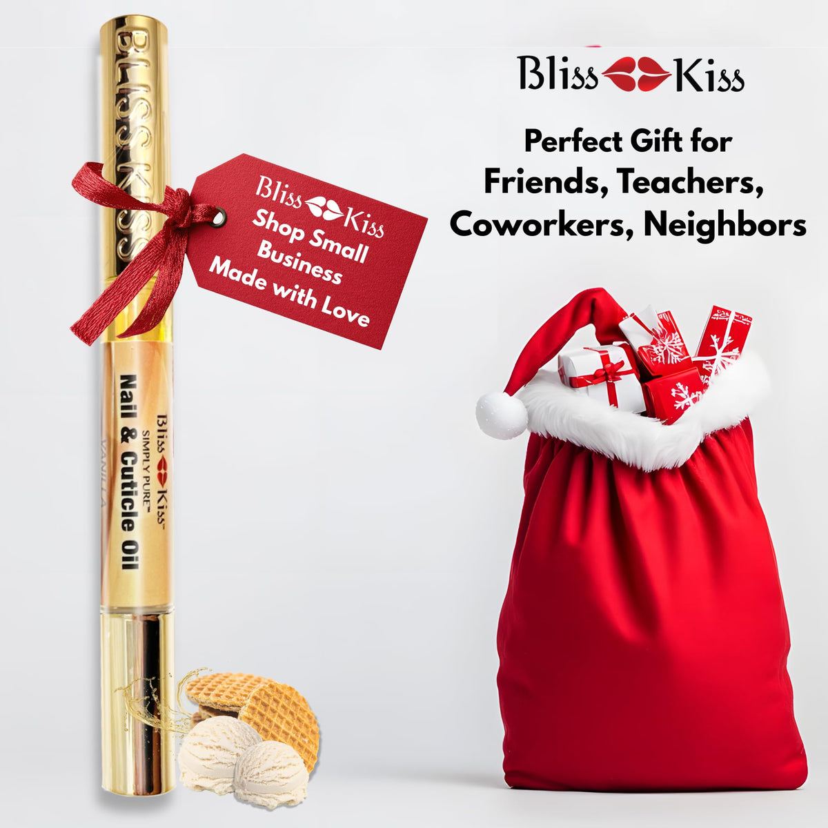 Bliss Kiss pen next to wallet illustrating compact, travel-friendly size advantage
