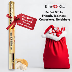 Bliss Kiss pen next to wallet illustrating compact, travel-friendly size advantage