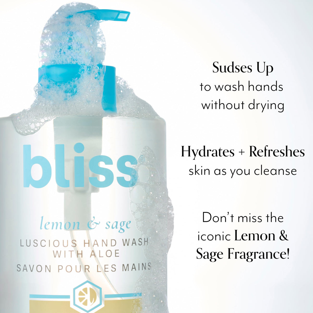 Bliss pump action dispensing soap for quick, mess-free handwashing benefit