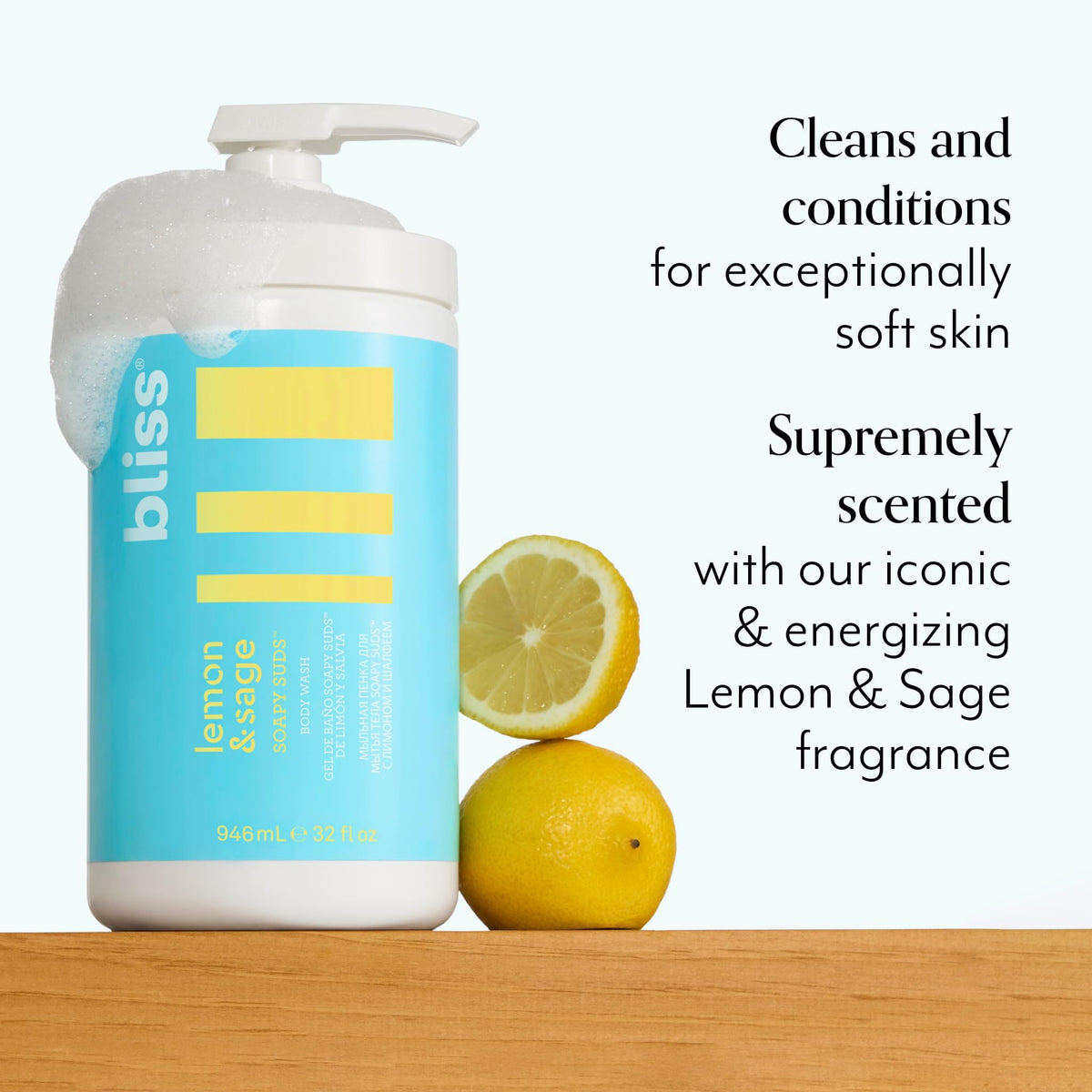 Gel texture of Bliss Soapy Suds on hand demonstrating silky lather and moisturizing feel