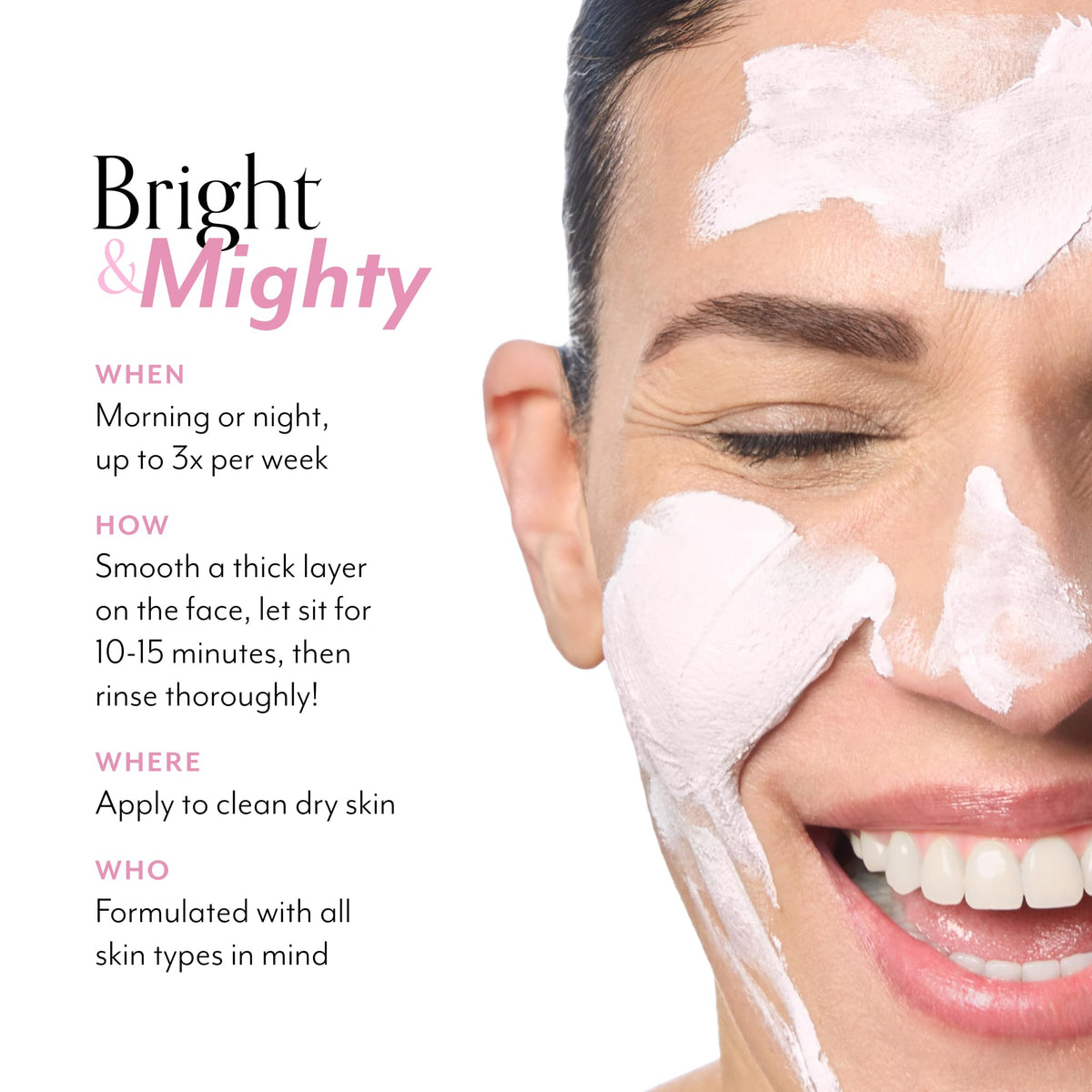 Bliss mask on model demonstrating even coverage and radiant finish