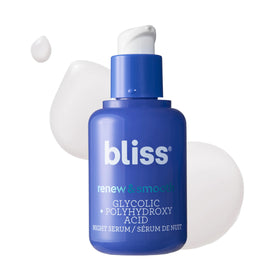 Bliss front packaging of Renew & Smooth serum shows bottle and label benefit