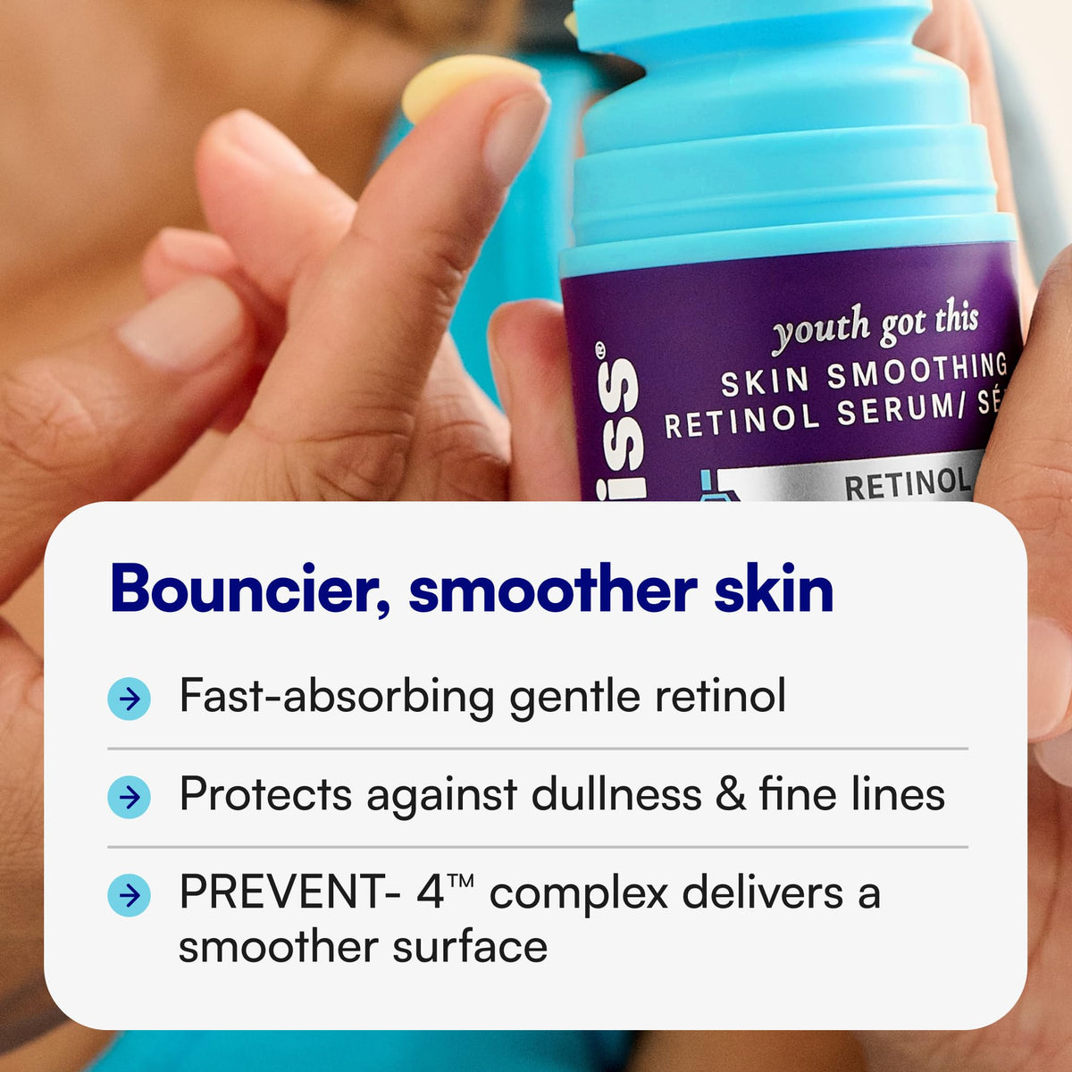Bliss serum texture pouring to show lightweight absorption and smoother skin