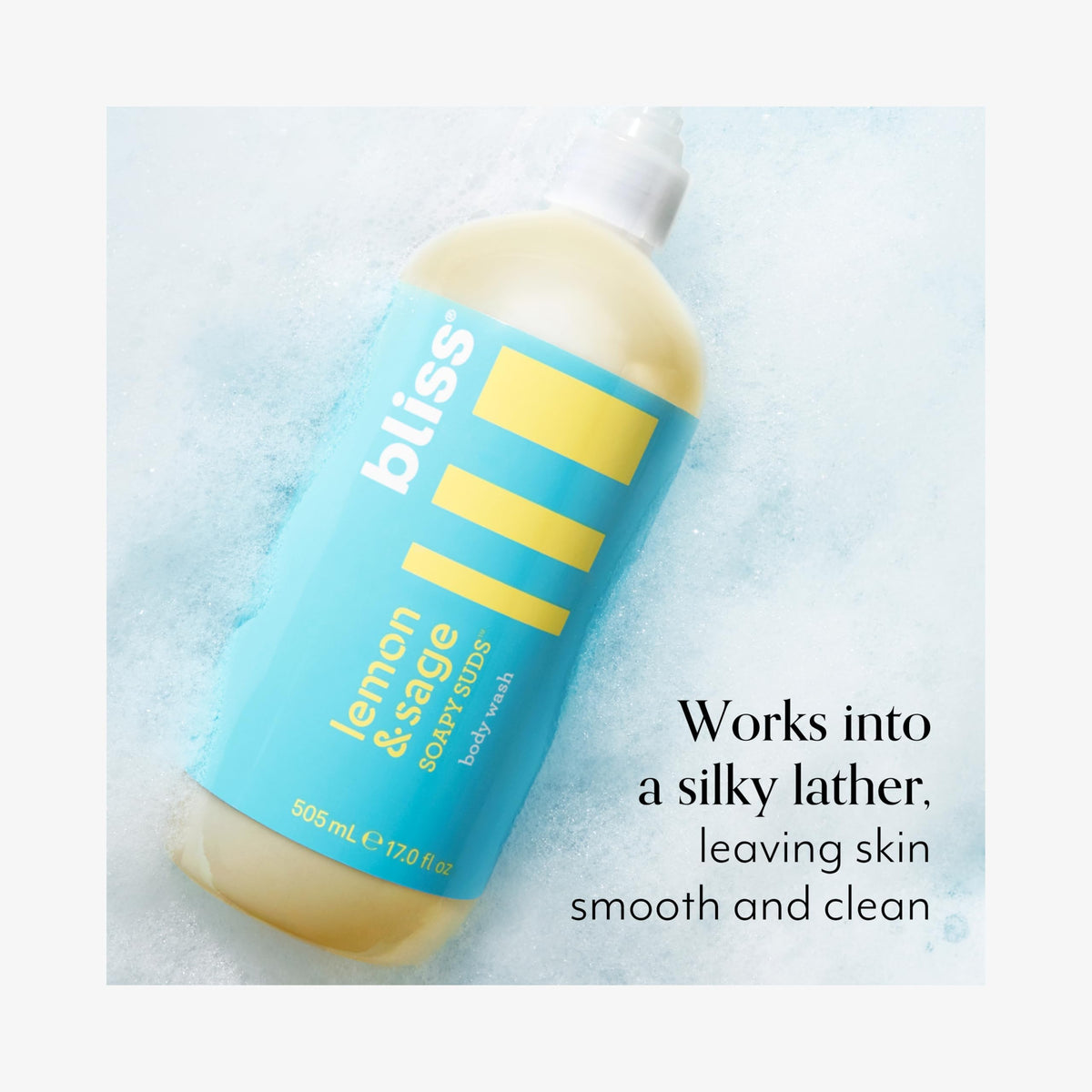 Bliss foamy lather texture on skin showing gentle, creamy cleansing