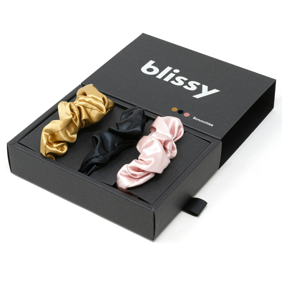 BLISSY scrunchie trio front packaging showing colors and neat presentation for gifting