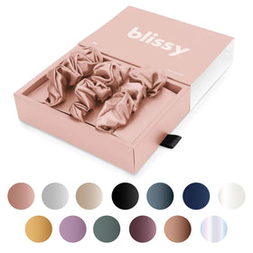 BLISSY pink scrunchie front packaging showing three-piece set and premium look